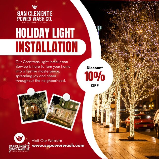 San Clemente Power Wash Co. holiday light installation flyer advertising 10% off, with photos of lit homes and trees