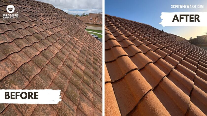 Before-and-after of a tile roof cleaned by the San Clemente Power Wash Co. crew, showing the rooflines they work on year-round